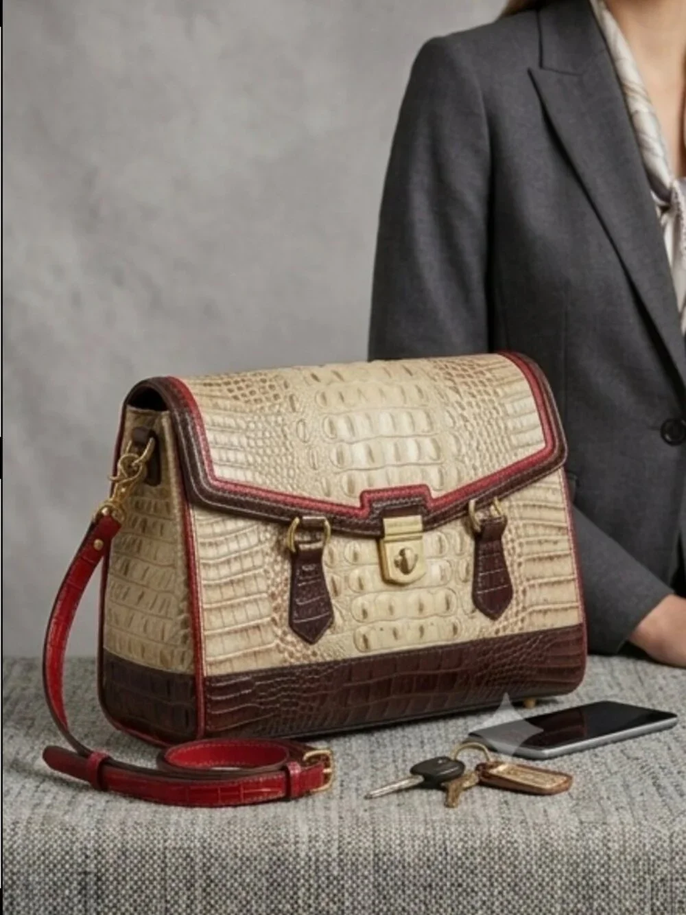 🤍 Brahmin Tri-Color Croc Embossed Leather Shoulder Satchel/Crossbody - Picture 9 of 13